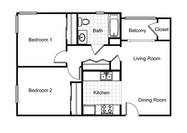 Floor plan for 2 beds, 1 bath, 750 sqft